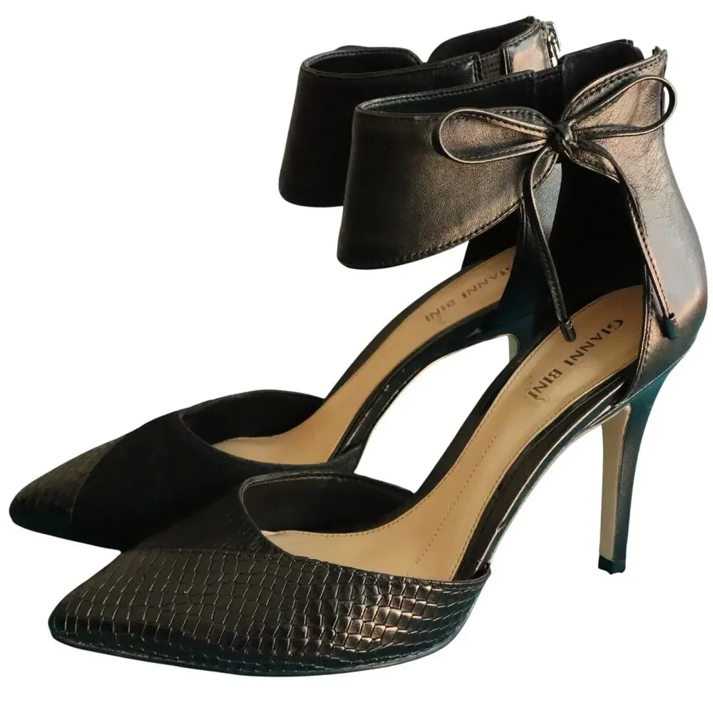 Gianni Bini Deeandra Heel Bow Ankle Strap Snakeskin Calf Hair Black 8.5 Stiletto
